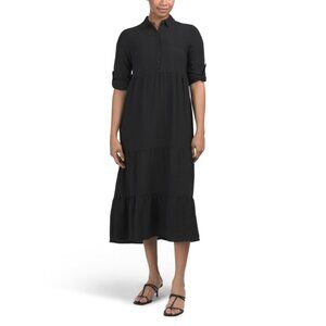 MAX STUDIO Black Roll Tab Sleeve Tiered Maxi Dress